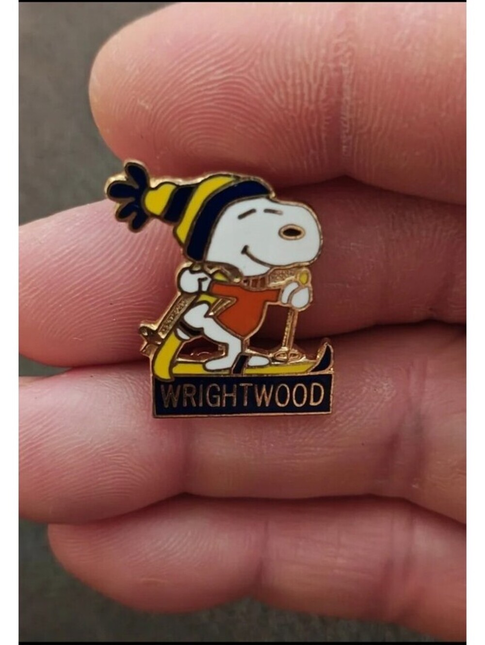 1970s Peanuts Snoopy Skiing Wrightwood Cloisonné Gold Tone Enamel Pin